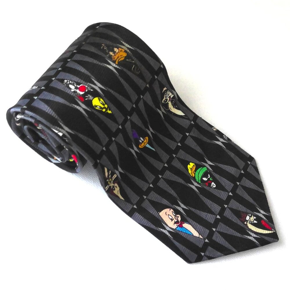 Vintage 1998 Looney Tunes Mens Neck Tie Warner Bros 90s Pepe Bugs Tweety Taz EUC
